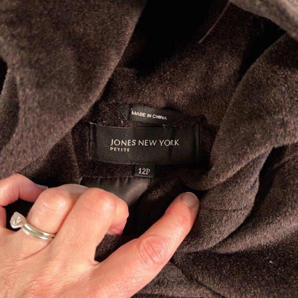 Jones New York Brown Wool Angora Coat Hooded Front Buttons Size 12P - Picture 4 of 11